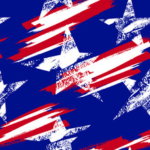 Abstract American Grunge Seamless Pattern. Endless America Flag Print With Stars And Shabby Textured Background, Lines, Brush Track. 4th July Repeated Ornament. USA Repeat Print For Wrapping Paper