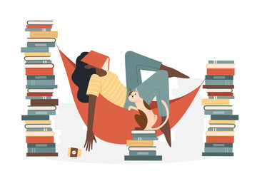 Student fell asleep through stack of books. Tired young pupil sleeping or taking nap cartoon vector illustration