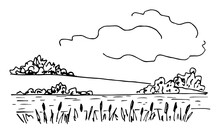 Simple Black Outline Vector Drawing. Summer Landscape, Nature. Bushes And Trees, River And Reeds, Clouds In The Sky. Sketch In Ink.