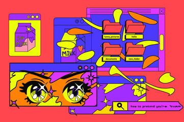 Poster - Vaporwave the 90's like style collage with user interface elements and cartoon anime illustrations.