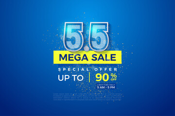 Mega sale and special offer on bright blue background at 5  5 sale.