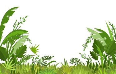 Wall Mural - Tropical herbs and shrubs. Jungle meadow. Close up. Palm shoots trees and nice summer weather. Isolated on white background. Funny cartoon style. Green countryside landscape. Vector.