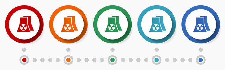 Fototapete - Nuclear power station concept vector icon set, infographic template, flat design colorful web buttons in 5 color options