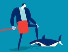 Smash A Shark With A Giant Hammer. Business Cartoon Character Concept