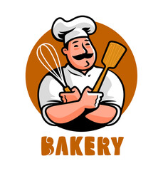 Wall Mural - Bakery logo. Funny chef baker cartoon character. Emblem vector illustration