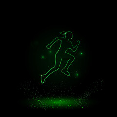 Poster - A large green outline running woman symbol on the center. Green Neon style. Neon color with shiny stars. Vector illustration on black background