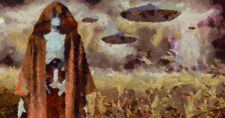 Wall Mural - Alien invasion. UFO flies over field