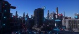 Fototapeta Londyn - Cyberpunk city. Neon urban future. Evening futuristic city. Wallpaper in a cyberpunk style. Industrial landscape with bright neon lights and huge futuristic buildings. 3D illustration.