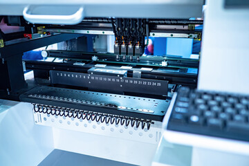 Poster - Fragment of printing equipment. Modern equipment for printing works. Ruler and keyboard fragment in foreground. Printing typographic equipment. Concept of sale of machines for typographic