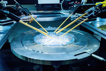 Poster - Study of test sample of transistor microcircuit. PCB production. Equipment for testing microcircuits. Automation of microchip production. Manufacture of computer chips. Soldering PCB chips