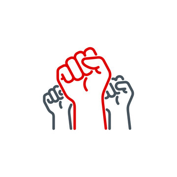 raised up fist in protest no war single line icon isolated on white. Perfect outline symbol raised up fist in revolution riot. freedom power design element with editable Stroke.People rights line icon