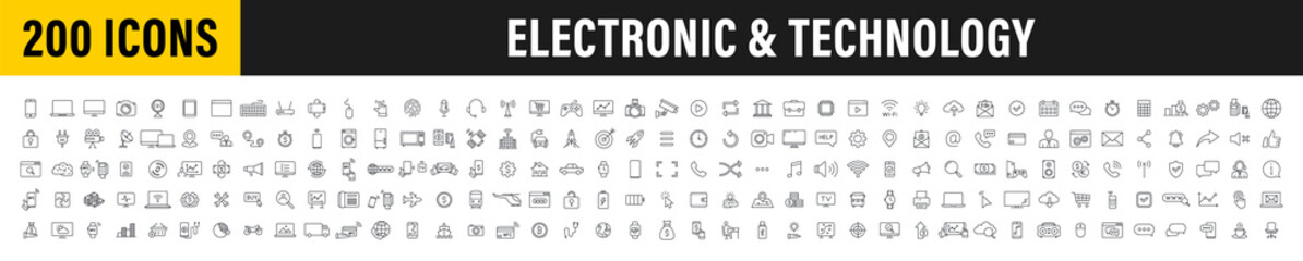 Fototapete - Set of 200 Technology and Electronics and Devices web icons in line style. Device, phone, laptop, communication, smartphone, ecommerce. Vector illustration.
