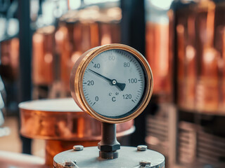 Wall Mural - Manometer at background of copper brewery tanks close up.