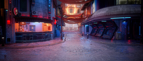 Aufkleber - Cinematic panorama 3D rendering of a dark moody cyberpunk city street with fast food bar on the corner.