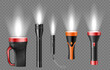 Set of flashlights or torches portable pocket electric devices with light realistic isolated