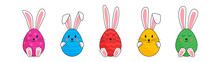 Easter Colorful Egg Vector Icon, Ear And Paw Of Bunny. Cute Rabbit Face, Cartoon Animal Character Isolated On White Background. Holiday Illustration