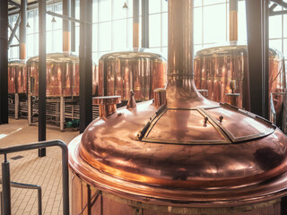 Brewery equipment. Brew manufacturing. Round cooper storage tanks for beer fermentation and maturation.