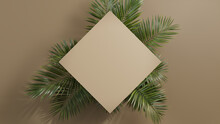Diamond Botanical Frame With Palm Plant Border. Beige, Natural Design With Copy Space.