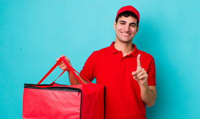 Poster - handsome hispanic man smiling proudly and confidently making number one. delivery pizza concept