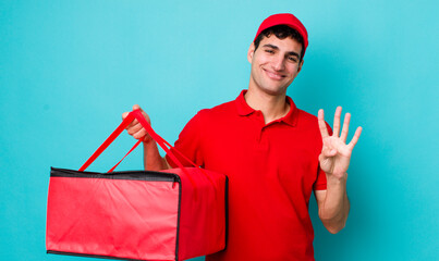 Poster - handsome hispanic man smiling and looking friendly, showing number four. delivery pizza concept