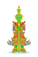Thailand Giant Temple Guard Sculpture Or THAI YAK - The Tossakan Or Thotsakan Or Ravana Mask Crown And Dress In Ramakien Or Ramayana Mahabharata Literature Stand With Baton Weapon Draw In Vector