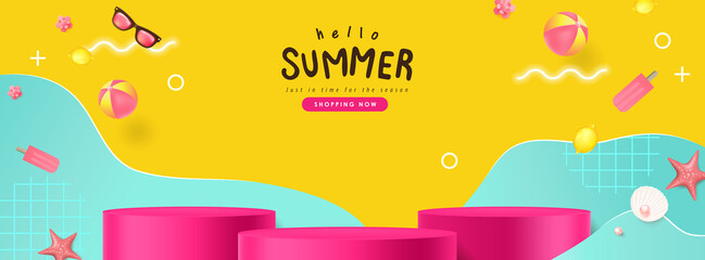 Wall Mural - colorful summer sale banner with beach vibes decorate and product display cylindrical shape