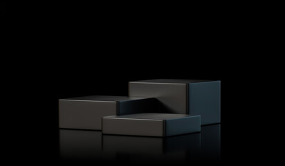 Empty black 3d cube podium luxury platform scene modern background of product presentation pedestal stage or blank studio template stand minimal display and cosmetic art showcase on showroom backdrop.