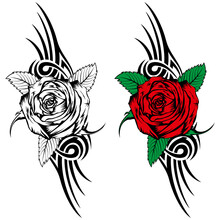 Vector Illustration Rose With Tribal Flames For Tattoo Or T-shirt Design