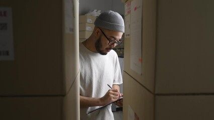 Wall Mural - Asian man online seller checking stock and Inventory before sending to the customer. E-commerce business owner working in store warehouse.