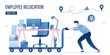 © naum - Employee relocation. New job offer. Recruitment. Businessman or manager pushing cart with office workplace. Global relocation of business. Globalization, horizontal banner.
