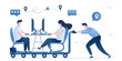 © naum - Business relocation. Businessman push cart with office workplace. Global relocation of business. Employees or manager working at desk with computers. Globalization, teamwork.
