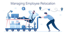 Managing Employee Relocation, Horizontal Conceptual Banner. Job Offer. Happy Manager At Workplace. Relocation Specialist Helping An Employee Move Things To A New Job.