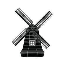 Old Windmill, Black Sign On White Background, Vector Illustration