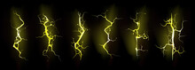 Set Of Yellow Lightning, Electric Thunderbolt Strike During Night Storm. Powerful Electrical Discharge, Impact, Crack, Magical Energy Flash. Realistic 3d Vector Bolts Isolated On Black Background