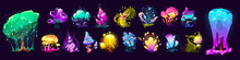 Fantasy Flowers, Trees, And Mushrooms From Alien World Or Planet. Vector Cartoon Set Of Fantastic Plants With Dripping Slime, Teeth, And Eyes. Unusual Fungus And Grass With Mystic Glow