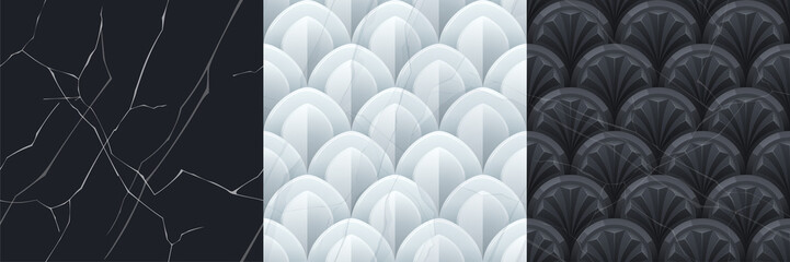 Poster - Textures of marble wall with geometric ornament of fan and scale. Vector cartoon seamless patterns of white, gray and black stone surface with abstract decoration motif