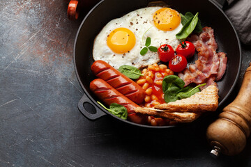 Poster - English breakfast with fried eggs, beans, bacon and sausages