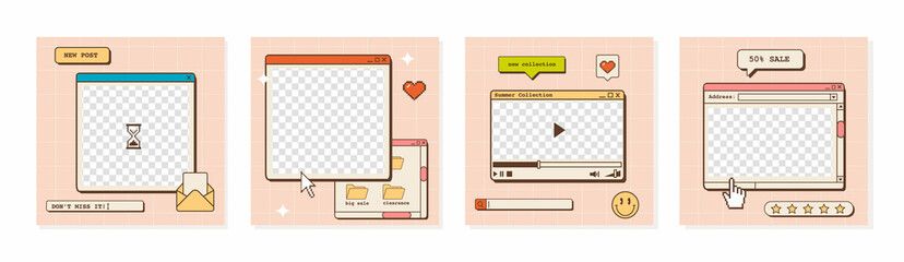 Fototapete - Set of ig post templates with old computer user interface. Nostalgic design for social media square posters. Retro 80s 90s aesthetic backdrops, groovy vaporwave style backgrounds. Vector illustration.