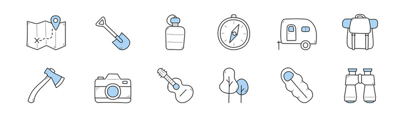 Camp icons with backpack, guitar, map, compass and binocular. Vector set of sketch symbols of hiking and travel equipment, car trailer, shovel, bottle, photo camera, sleeping bag and axe