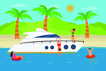 Summer vacation vector concept. Group of young people enjoying summer vacation near the yacht while having fun together on the beach