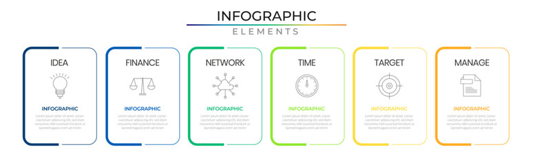 Wall Mural - Business idea infographic elements plan concept design vector with icons. Rectangle six option business network project template for presentation and report.