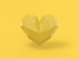 Poster - Low poly yellow one color heart on yellow flat background. Minimalistic design object. 3d rendering icon ui ux interface element.