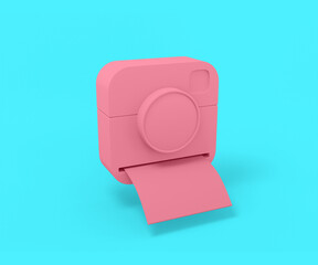 Poster - Pink camera with instant photos on a blue background. Minimalistic design object. 3d rendering icon ui ux interface element.