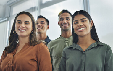 Poster - Were here to succeed. Cropped portrait of a young group of businesspeople standing together in their office.