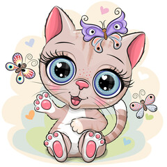 Sticker - Cartoon Kitten with butterflies