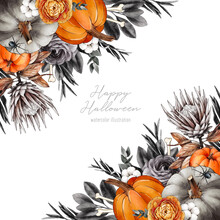 Watercolor Halloween Background With Pumpkins, Bones, Black And White Flowers And Leaves, Protea. Stylish Halloween Illustration Template For Invitation, Poster, Postcard