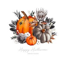 Watercolor Halloween Decor With Bright Pumpkins, Black Flowers And Leaves, Bones Drawn By Hand. Watercolor Painting On White Background. Stylish Halloween Illustration For Sticker, Invitation, Card