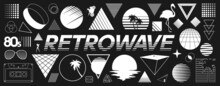 Set Of Retrowave Design Elements. Sunset, Palm Tree, Flamingo, Pyramid, Audio Cassette, Sunglasses, Striped And Line Style Geometry. Pack Of Retrowave 1980s Style Design Elements. Vector