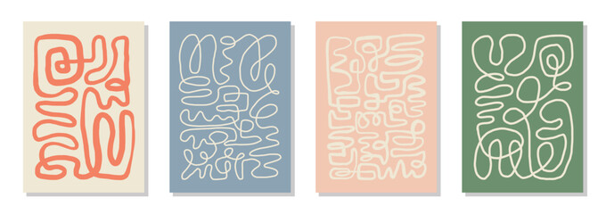 set of 4 wall art posters, brochure, flyer templates. single organic line abstract shape drawn, hand