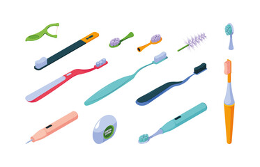 Poster - Teeth brush. Medical hygiene for teeth items for dental care cleaning mouth garish vector isometric illustration set